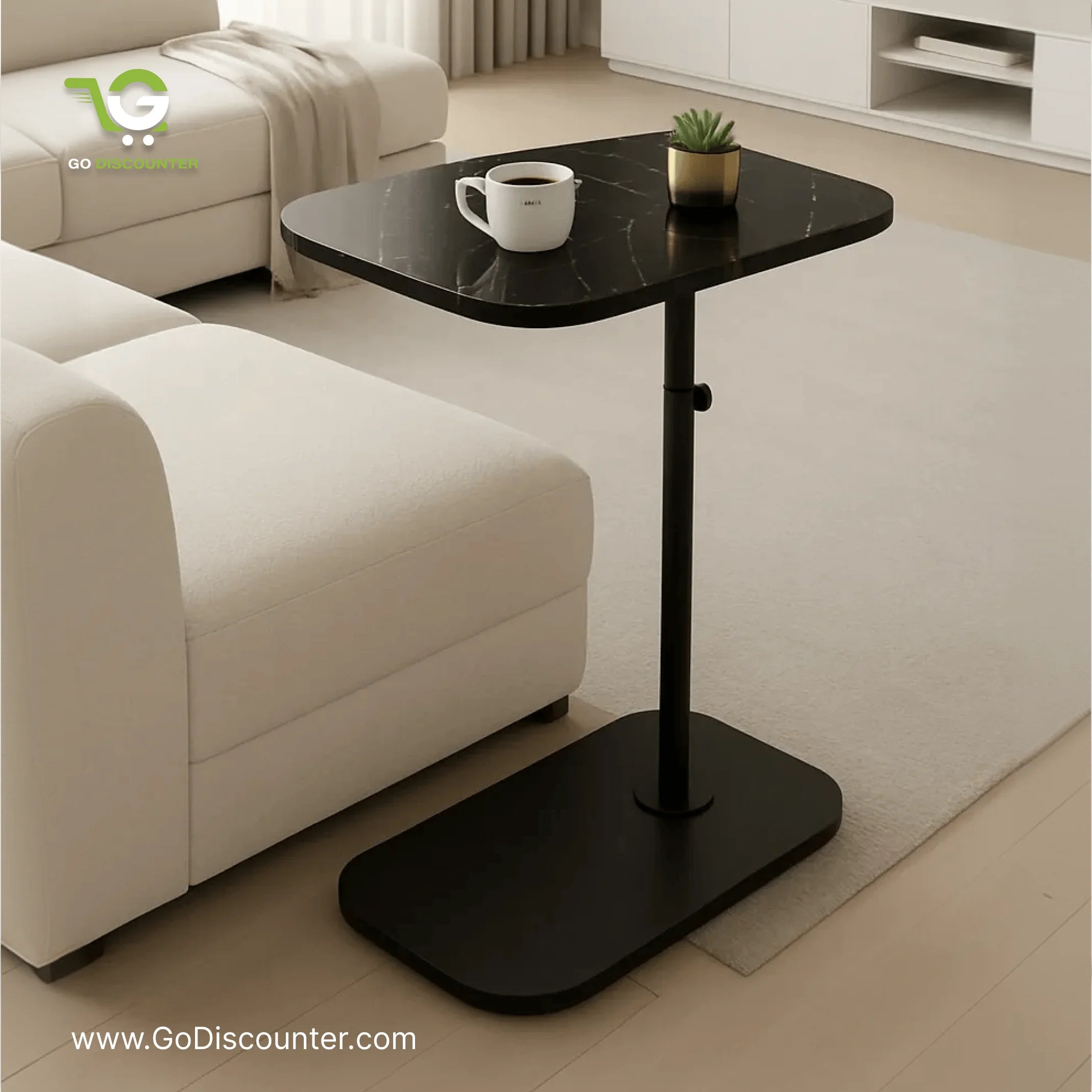 Height Adjustable C-Shaped Sofa Side Table - Black Marble