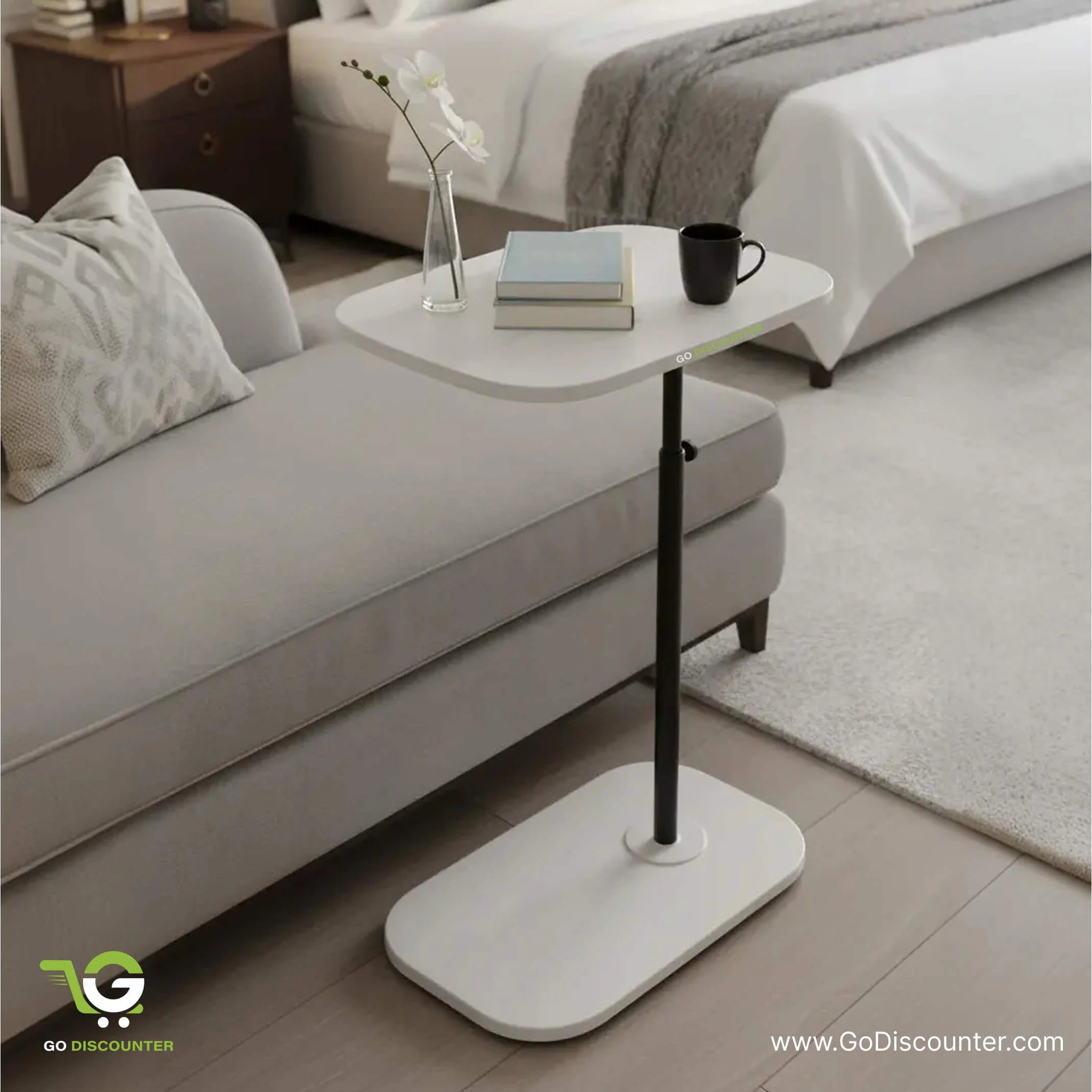 Height Adjustable C-Shaped Sofa Side Table - White