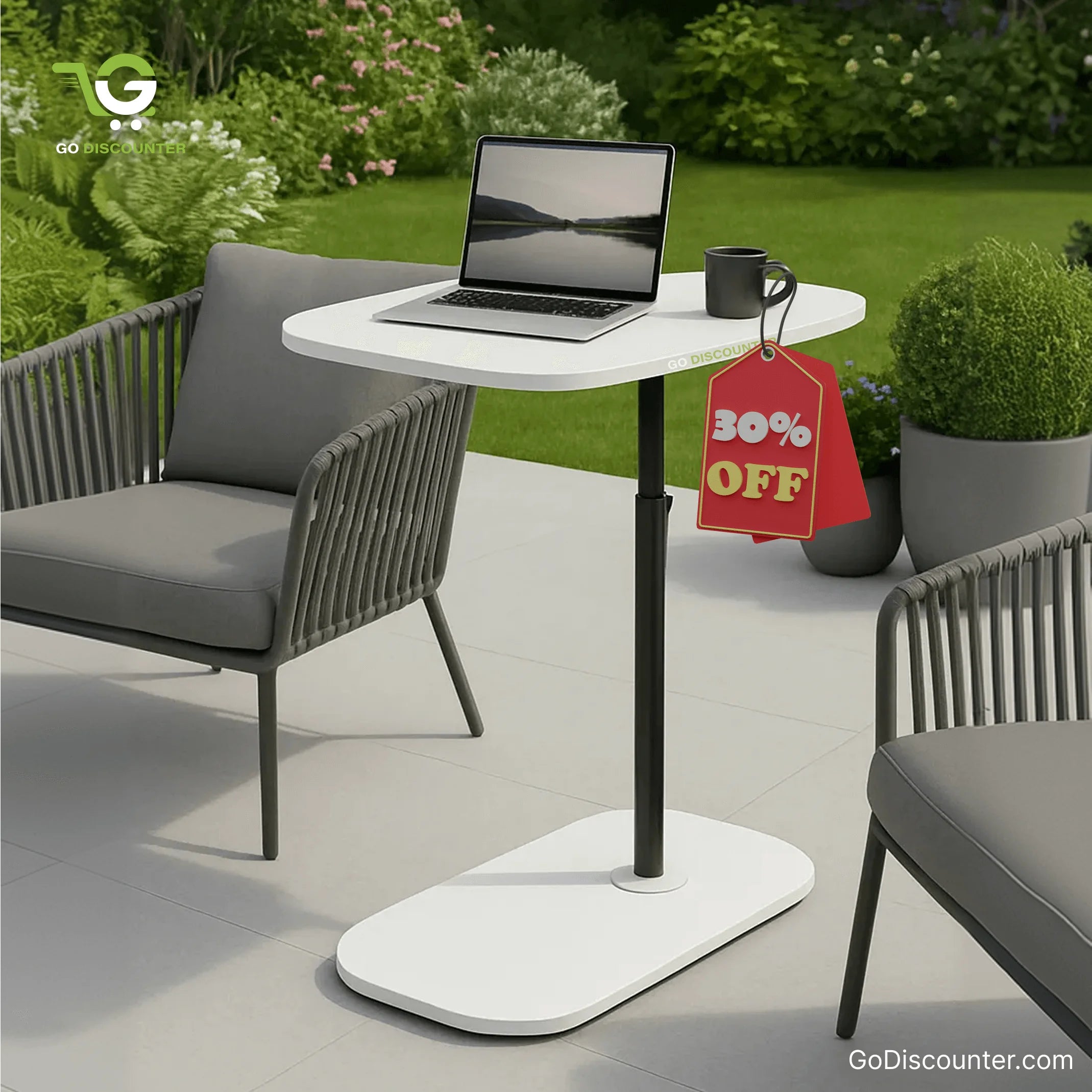 Height Adjustable C-Shaped Sofa Side Table - White