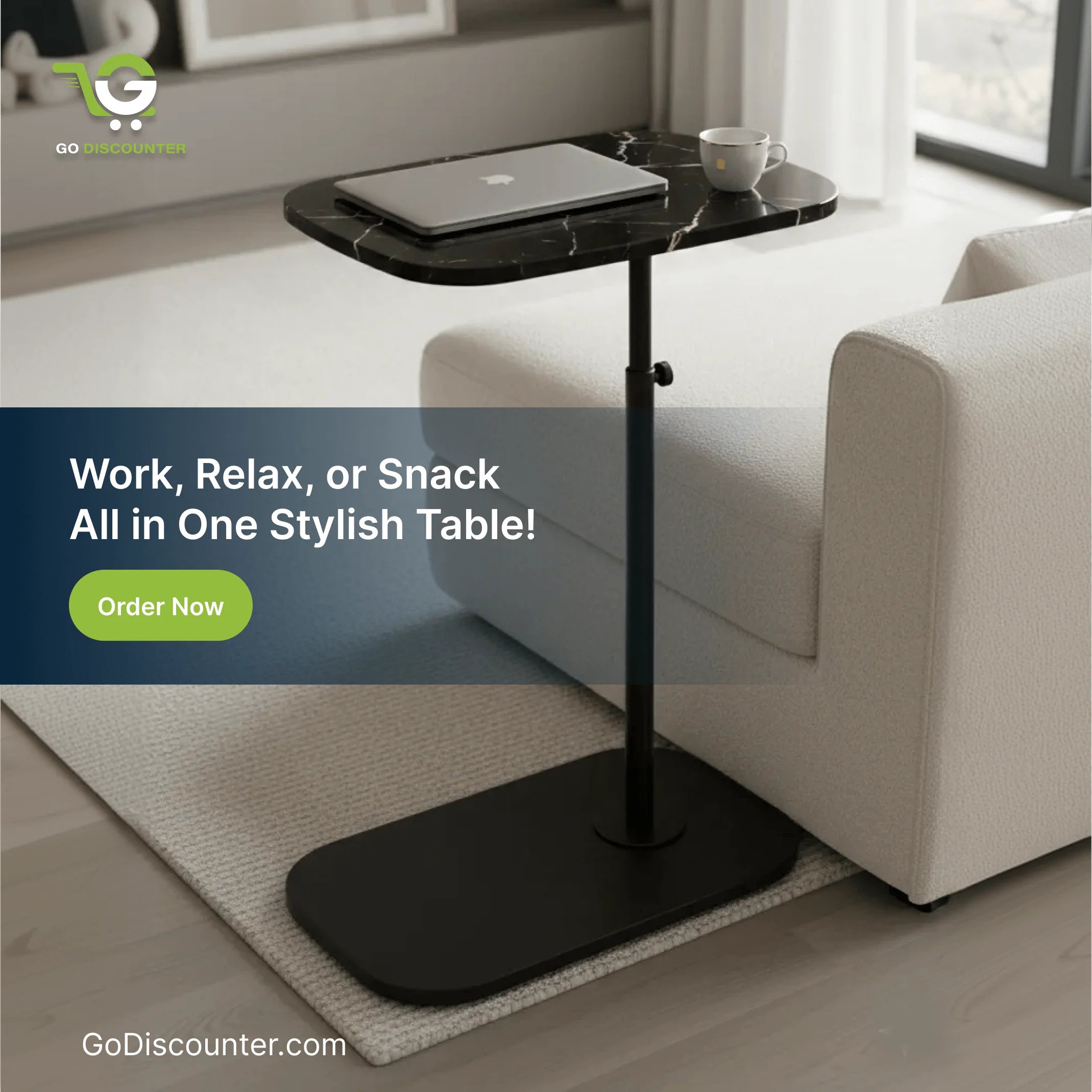 Height Adjustable C-Shaped Sofa Side Table - Black Marble