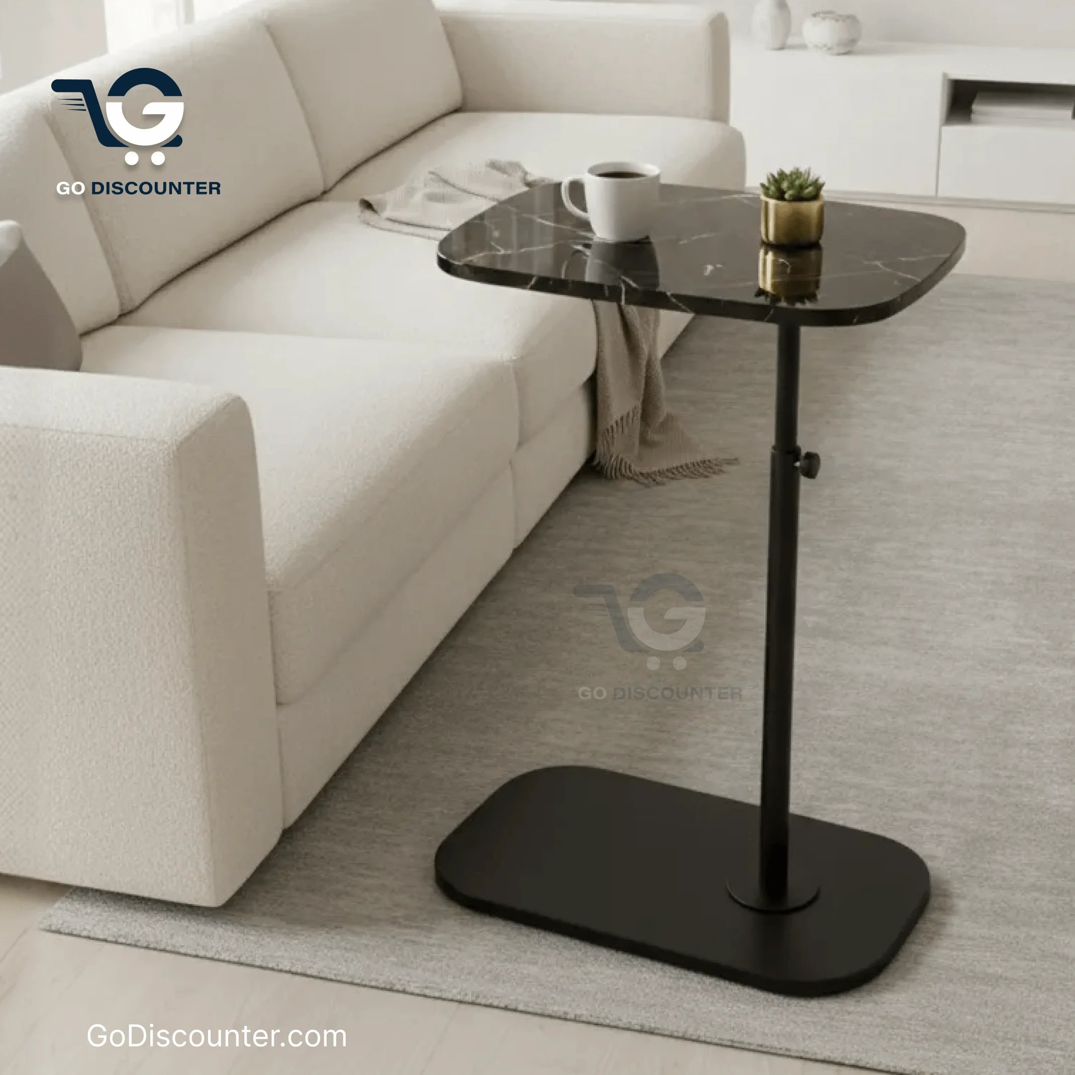 Height Adjustable C-Shaped Sofa Side Table - Black Marble
