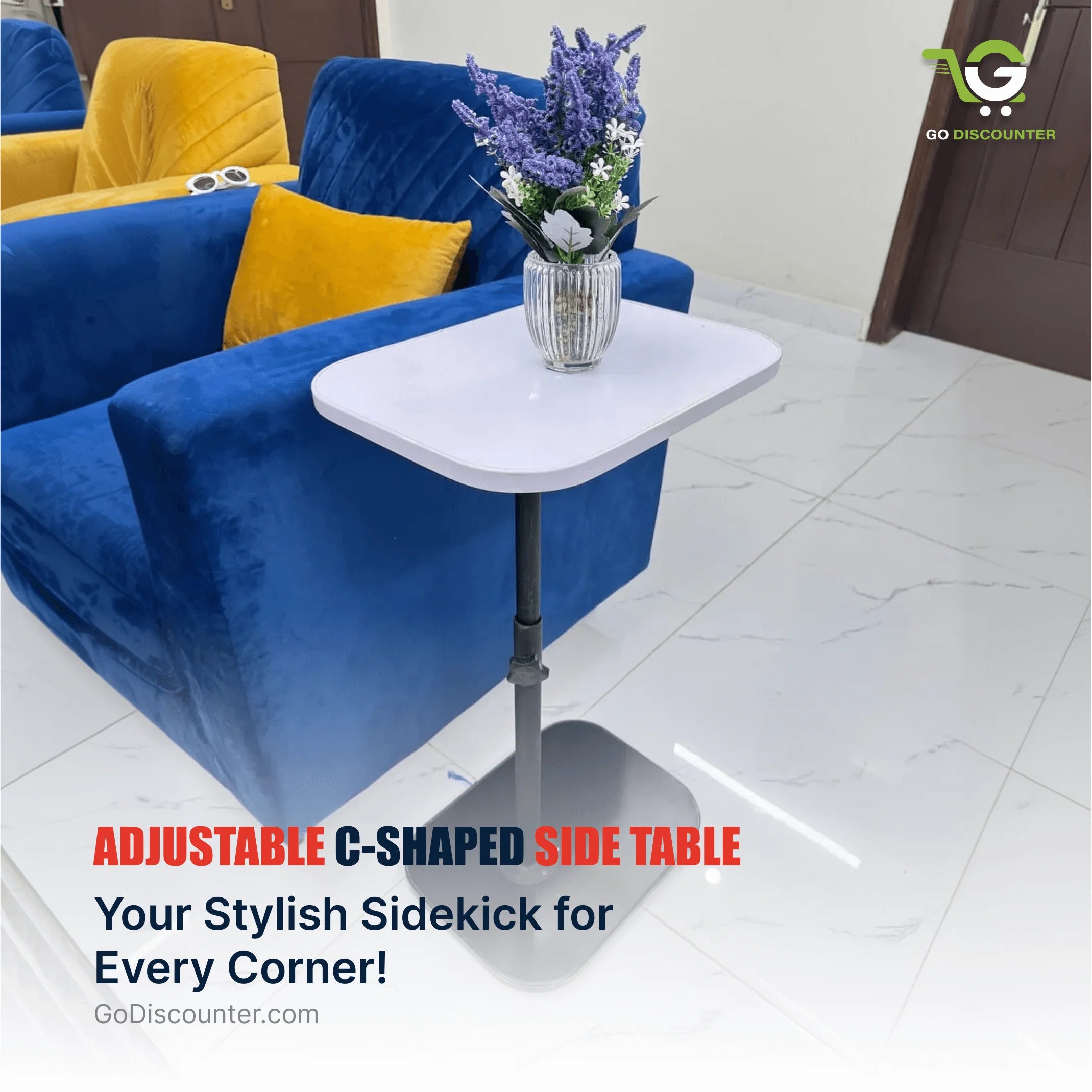 Height Adjustable C-Shaped Sofa Side Table - White